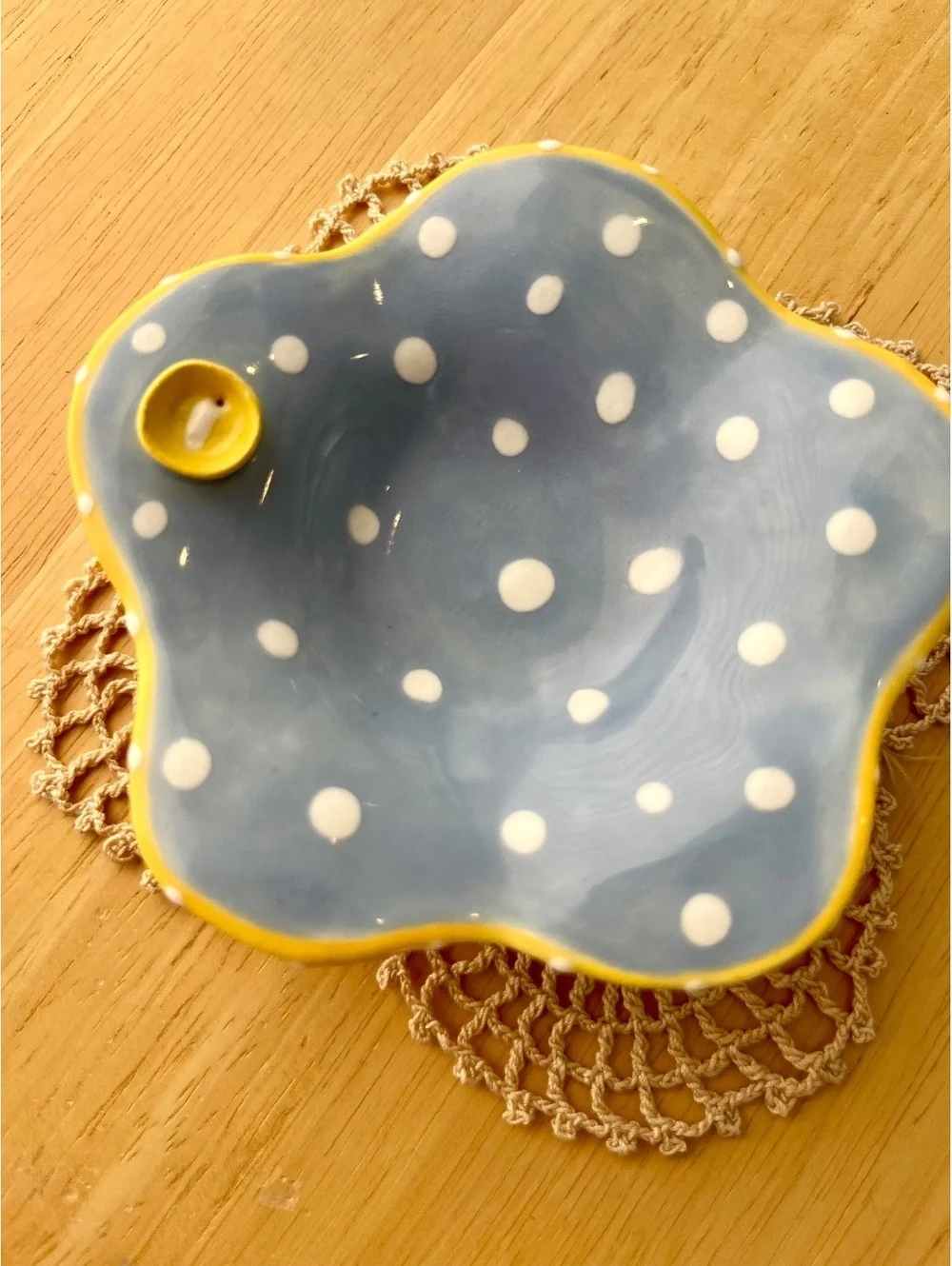 Handmade Ceramic Polka Dot Decorative Bowl with Yellow Accent